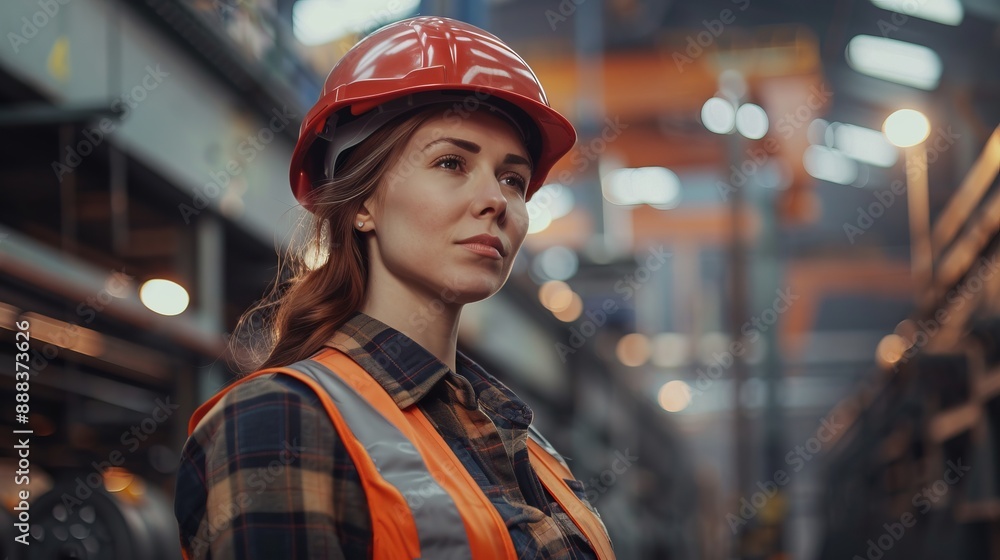 A female construction worker wearing a plaid shirt and a red helmet stands confidently in a factory. This image symbolizes determination and strength within industrial professions. A female construction worker wearing a plaid shirt and a red helmet stands confidently in a factory. This image symbolizes determination and strength within industrial professions.