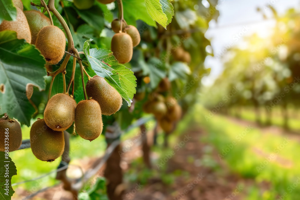 Obraz premium Fresh kiwifruits hanging on trees in a beautiful sun-drenched orchard