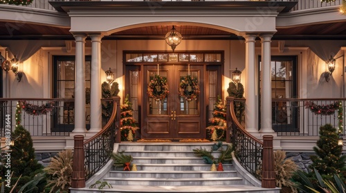 suburban farmhouse with an elegant front entry featuring a double staircase, a large wooden front door, and seasonal decorations photo