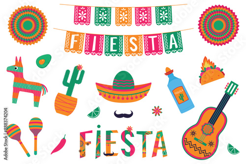 Bright holiday set, Cinco de Mayo, Mexican Fista. Vector illustration isolated on white background.