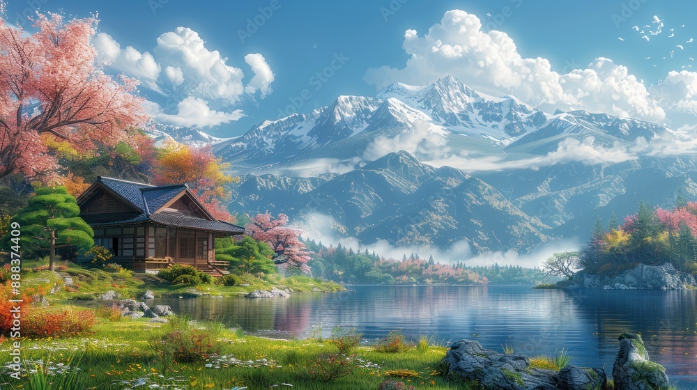 Tranquil Mountain Lake with Japanese House Tranquil Mountain Lake with Japanese House