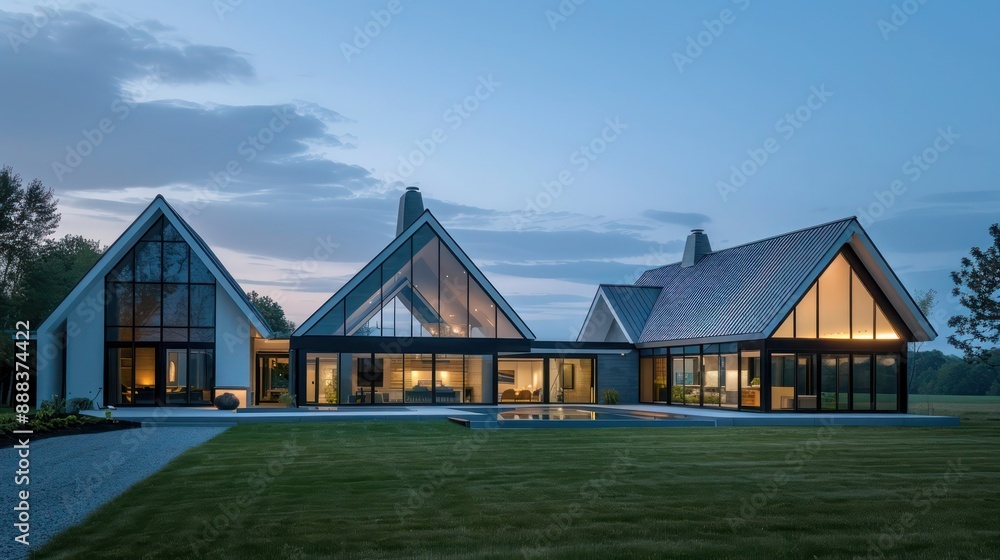 suburban farmhouse featuring a striking modern design with asymmetrical roofs and expansive glass walls for natural lighting suburban farmhouse featuring a striking modern design with asymmetrical roofs and expansive glass walls for natural lighting