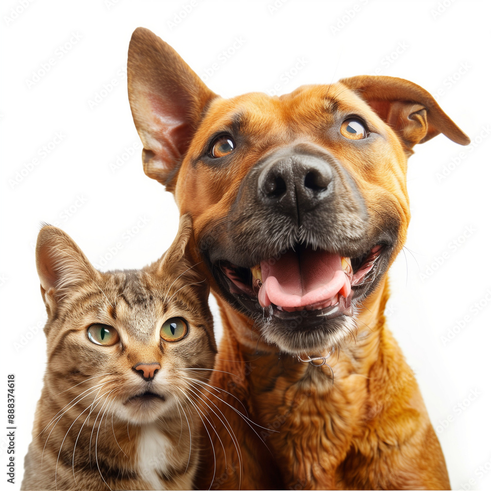 Obraz premium Portrait of Happy dog and cat looking at the camera together isolated on white background, friendship between dog and cat, amazing friendliness of the pets