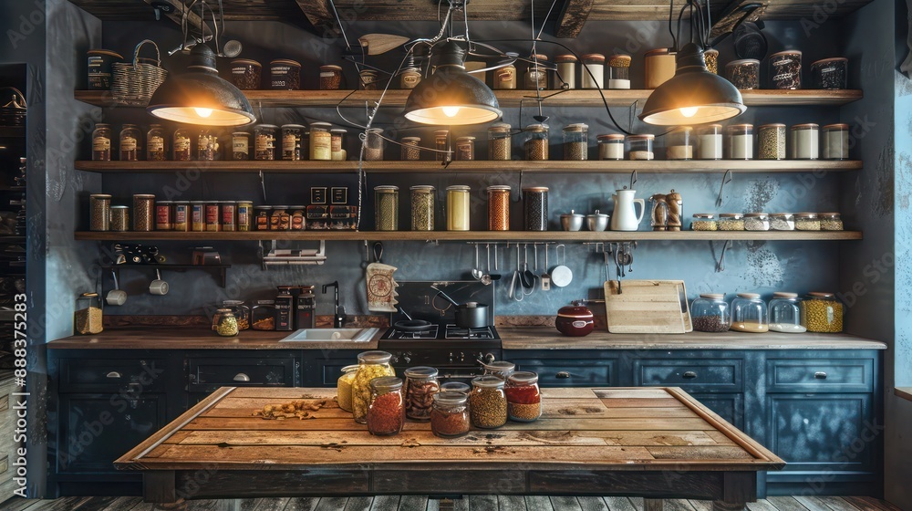 rustic suburban farmhouse kitchen with an antique wooden table, iron pendant lights, and shelves stocked with preserves and spices rustic suburban farmhouse kitchen with an antique wooden table, iron pendant lights, and shelves stocked with preserves and spices
