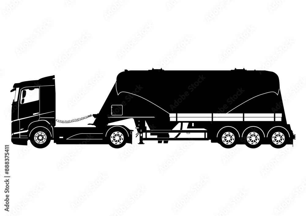 Cab over semi tractor with dry bulk trailer. Silhouette of truck with three axle powder tanker trailer. Vector. Cab over semi tractor with dry bulk trailer. Silhouette of truck with three axle powder tanker trailer. Vector.