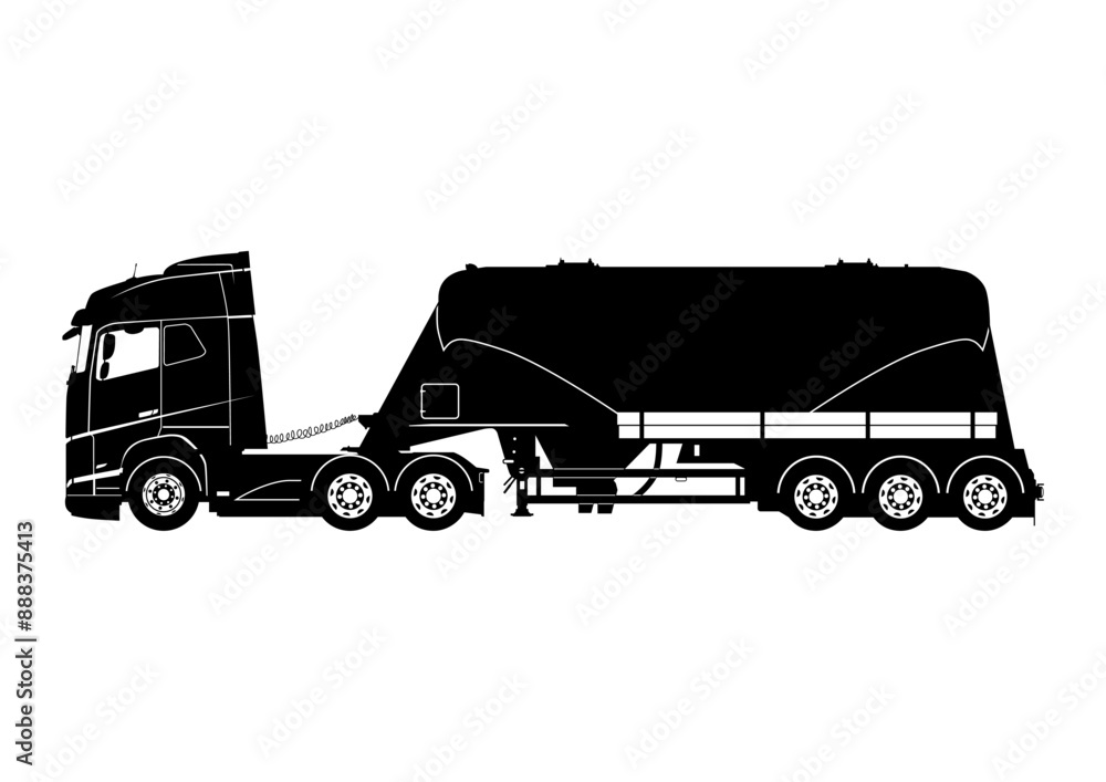 Obraz premium Cab over semi tractor with dry bulk trailer. Silhouette of truck with three axle powder tanker trailer. Vector.