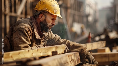 A construction worker wearing a yellow hard hat, engrossed in his task, working with wood at a construction site, highlighting diligence and craftsmanship. © Damerfie