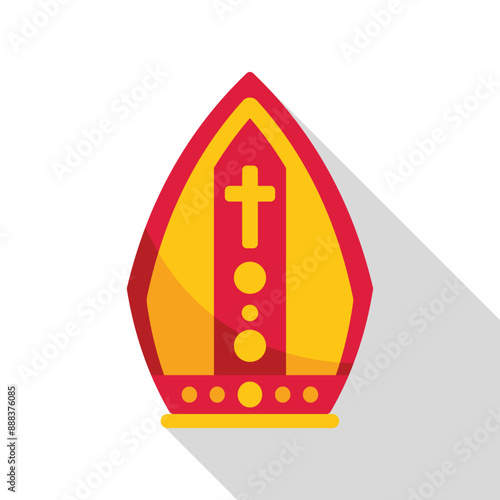 Red and yellow papal mitre is standing out on a white background, representing catholicism