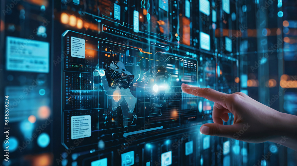Hand touch on screen technology and innovation information data.Digital communication transformation Hand touch on screen technology and innovation information data.Digital communication transformation