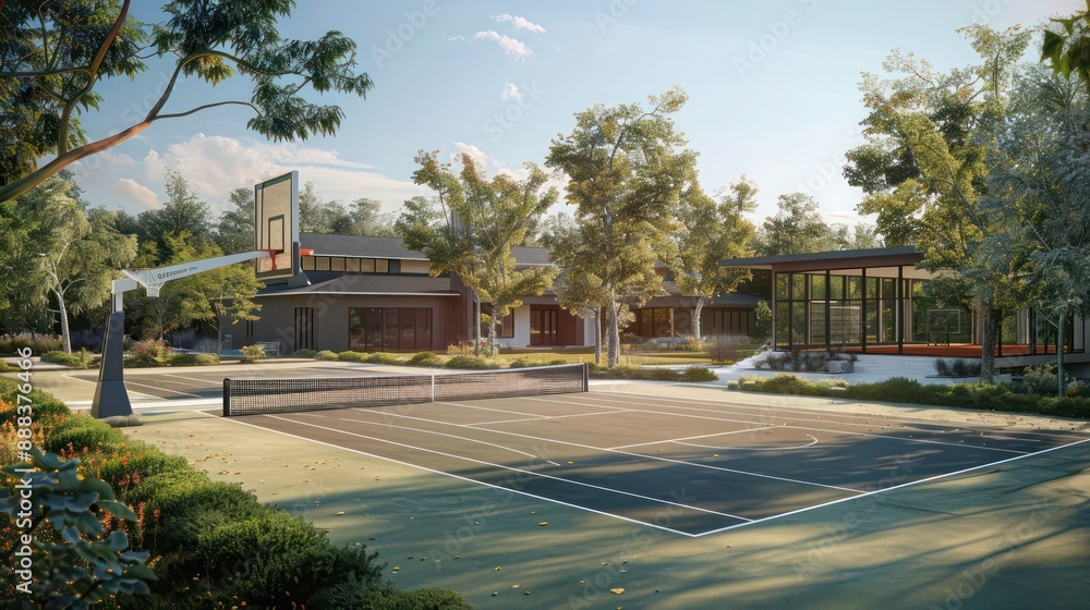 modern suburban farmhouse with an outdoor sports court, including basketball and tennis areas, surrounded by landscaping that blends with the natural environment modern suburban farmhouse with an outdoor sports court, including basketball and tennis areas, surrounded by landscaping that blends with the natural environment