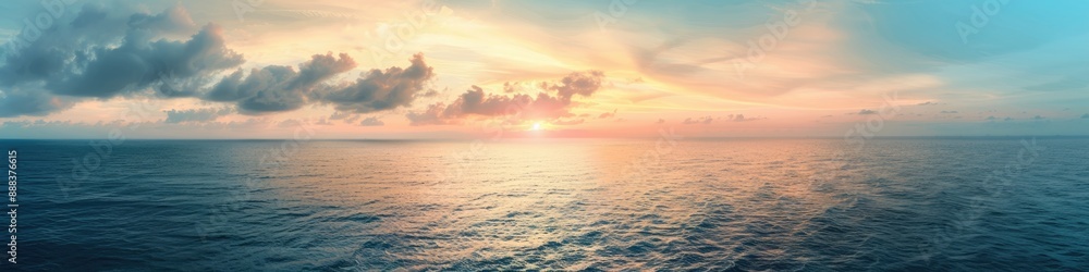 Fototapeta premium Sustainability Ocean. Wide Aerial Panorama of Sunset Over Bay with Minimalistic Seascape