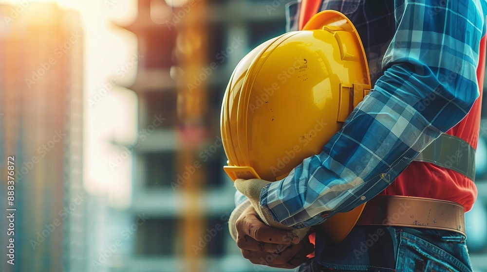 An individual clad in safety wear holds securely a yellow construction helmet at an active work site, representing vigilance and commitment to safety protocols in industrial environments. An individual clad in safety wear holds securely a yellow construction helmet at an active work site, representing vigilance and commitment to safety protocols in industrial environments.