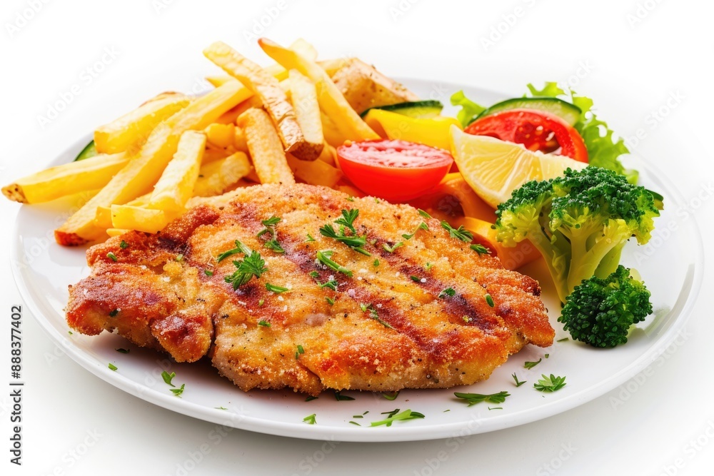 Breaded Pork Chop. Fried Pork Meat with French Fries and Grilled Vegetables Breaded Pork Chop. Fried Pork Meat with French Fries and Grilled Vegetables