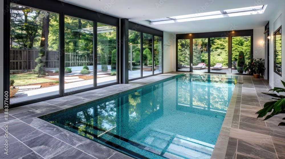 Obraz premium modern suburban farmhouse with an indoor swimming pool, featuring floor-to-ceiling windows that offer views of the garden and a retractable roof for sunny days