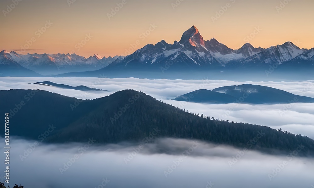 mountain range enveloped in fog, with peaks just visible through the mist. mountain range enveloped in fog, with peaks just visible through the mist.