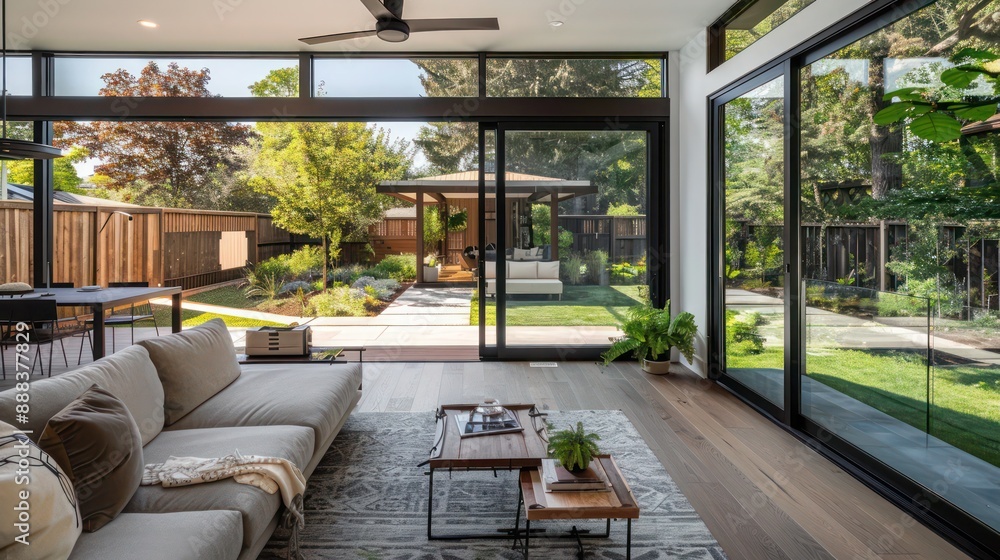 modern suburban farmhouse featuring a spacious sunroom with wall-to-wall windows, overlooking a carefully curated backyard garden modern suburban farmhouse featuring a spacious sunroom with wall-to-wall windows, overlooking a carefully curated backyard garden