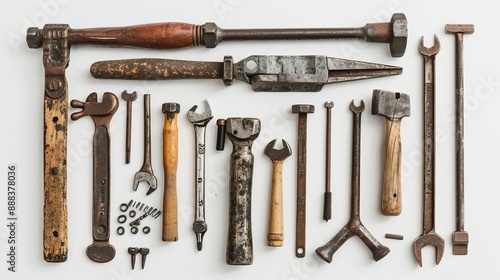 An assortment of vintage hand tools featuring wood and metal designs, reflecting the history and traditional methods of craftsmanship and manual labor on a white background. © Damerfie