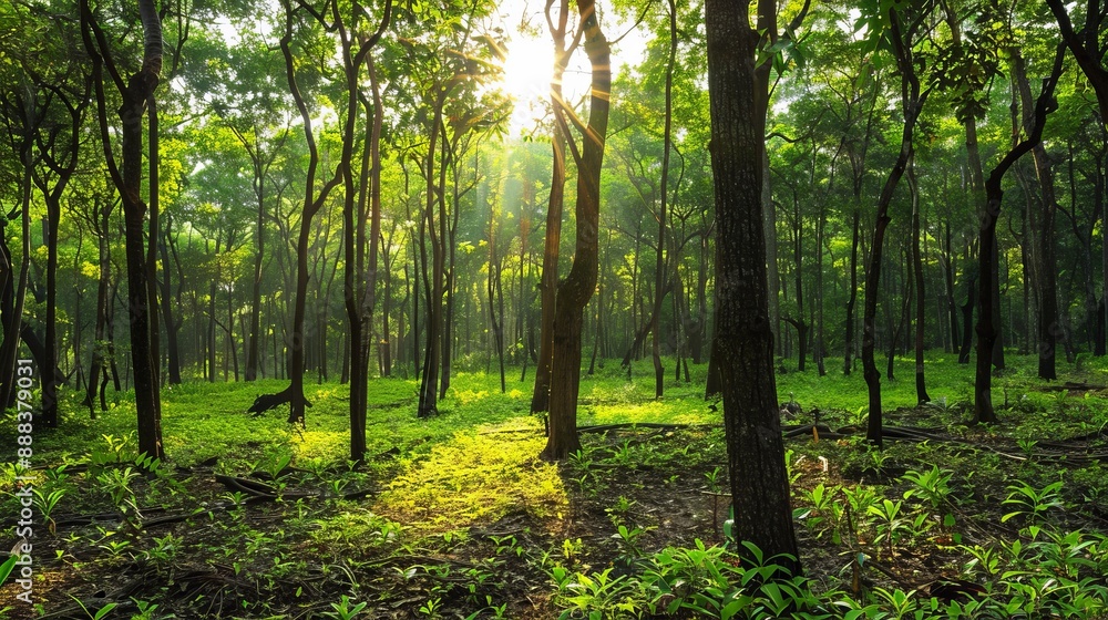 Obraz premium A beautiful depiction of a verdant forest where sunlight breaks through the dense canopy, casting a warm glow on the lush foliage and tall trees. Serenity and peace abound.