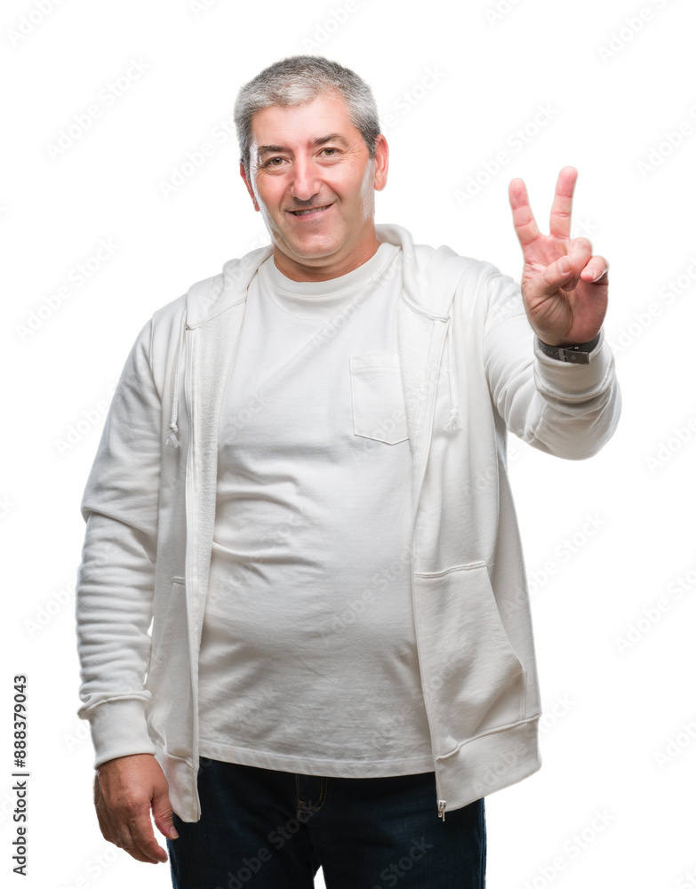 Handsome senior man wearing sport clothes over isolated background smiling with happy face winking at the camera doing victory sign. Number two. Handsome senior man wearing sport clothes over isolated background smiling with happy face winking at the camera doing victory sign. Number two.