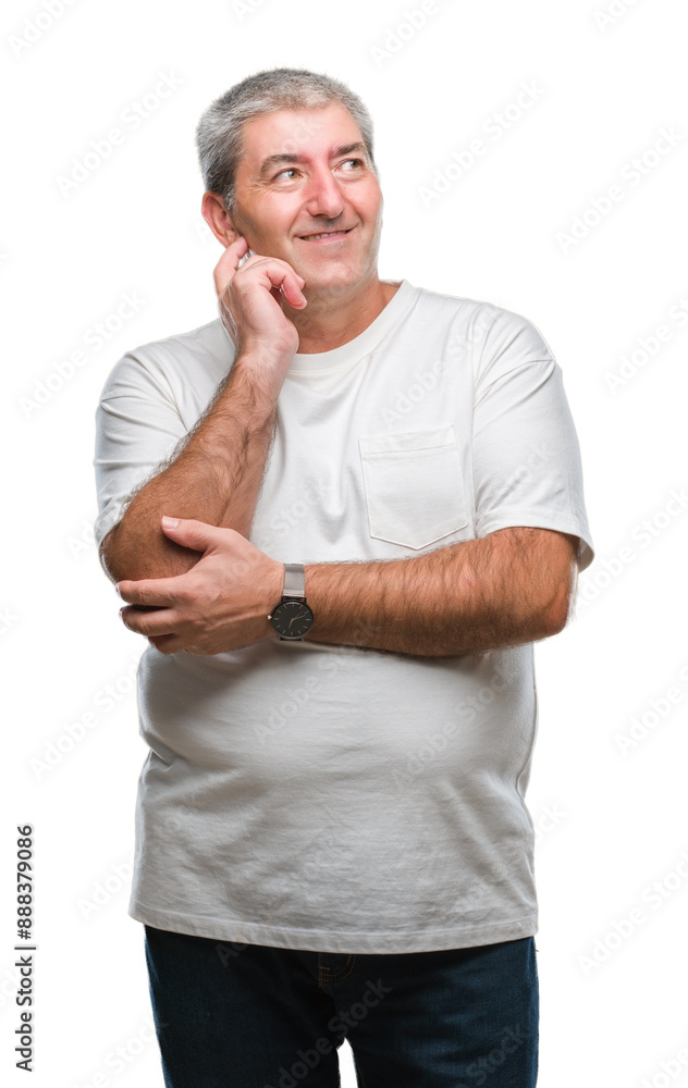 Handsome senior man over isolated background with hand on chin thinking about question, pensive expression. Smiling with thoughtful face. Doubt concept. Handsome senior man over isolated background with hand on chin thinking about question, pensive expression. Smiling with thoughtful face. Doubt concept.