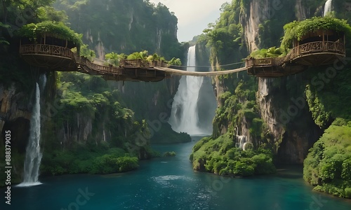 sky filled with floating islands of various sizes, connected by rope bridges, with waterfalls cascading from the islands and lush vegetation growing on them. photo