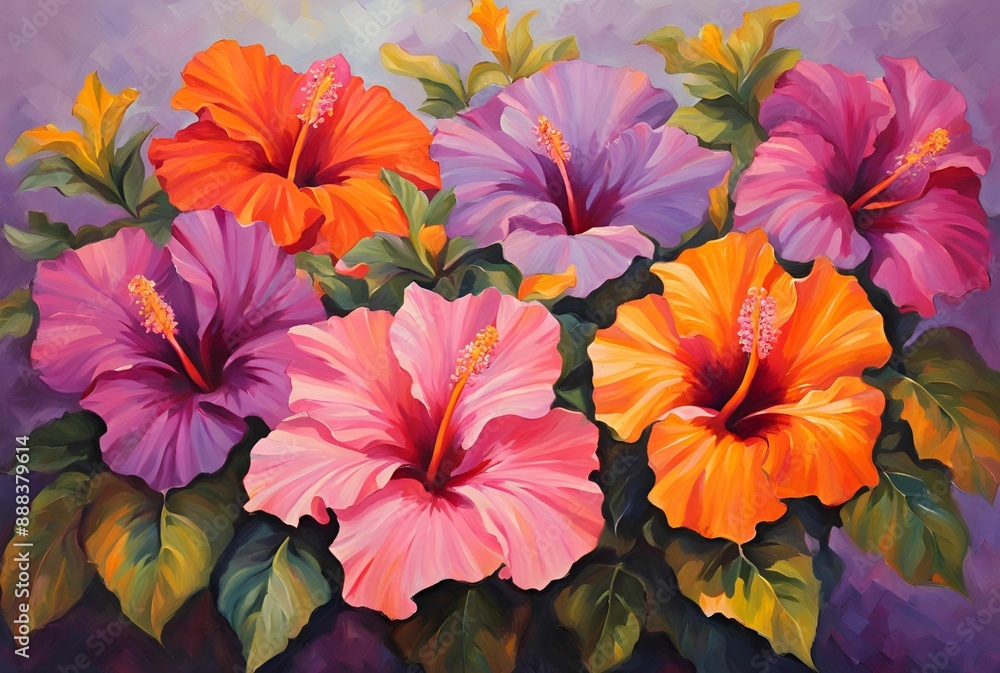 custom made wallpaper toronto digitalColorful Hibiscus flowers oil painting, floral illustration 