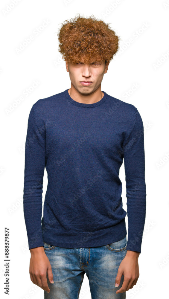 Young handsome man with afro hair skeptic and nervous, frowning upset because of problem. Negative person. Young handsome man with afro hair skeptic and nervous, frowning upset because of problem. Negative person.