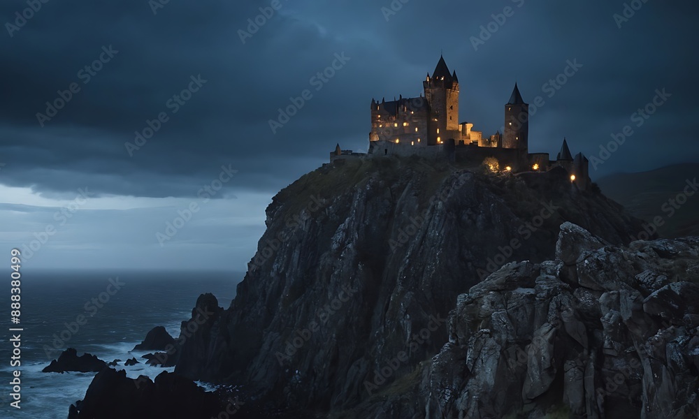 A dark, imposing castle perched on a rocky cliff, with stormy skies, jagged rocks below, and eerie lights emanating from the castle windows. A dark, imposing castle perched on a rocky cliff, with stormy skies, jagged rocks below, and eerie lights emanating from the castle windows.