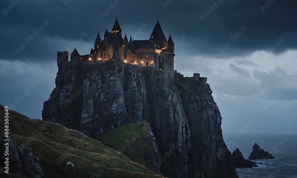 A dark, imposing castle perched on a rocky cliff, with stormy skies, jagged rocks below, and eerie lights emanating from the castle windows. A dark, imposing castle perched on a rocky cliff, with stormy skies, jagged rocks below, and eerie lights emanating from the castle windows.