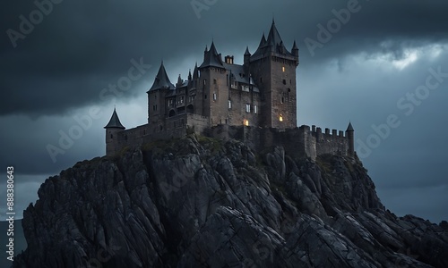 A dark, imposing castle perched on a rocky cliff, with stormy skies, jagged rocks below, and eerie lights emanating from the castle windows.