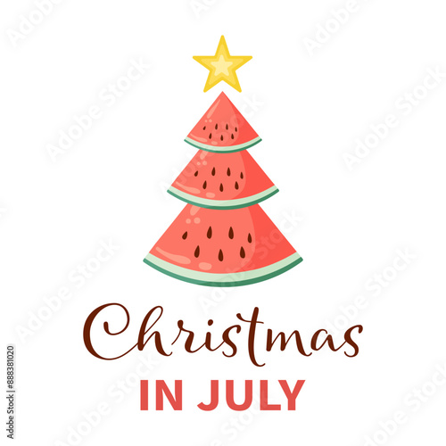 Christmas in July hand lettering quote with watermelon Christmas tree. Flat vector illustration template for summer holiday sales, typography poster, banner, sticker, shirt design,  packaging