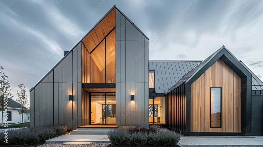 Fototapeta premium modern suburban farmhouse with an angular design, featuring contrasting light wood and dark metal panels