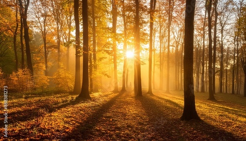 beautiful sunrise in autumn forest © Lauren
