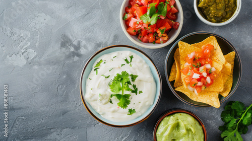 nachos with different dips in small bowls