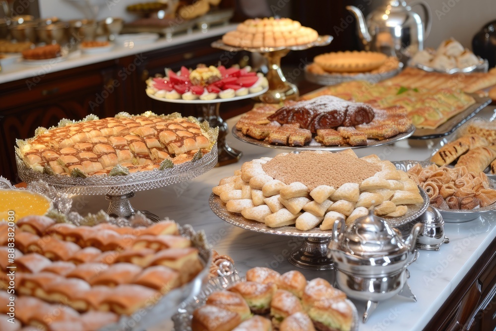 a buffet of food is displayed on a table, Traditional dessert table filled with sweets like Baklavand Kunafa, enjoyed post the iftar meal a buffet of food is displayed on a table, Traditional dessert table filled with sweets like Baklavand Kunafa, enjoyed post the iftar meal