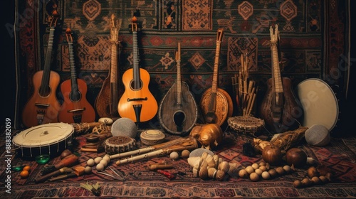 a carpet with a bunch of musical instruments, Traditional Arabic instruments laid out on vintage rug photo