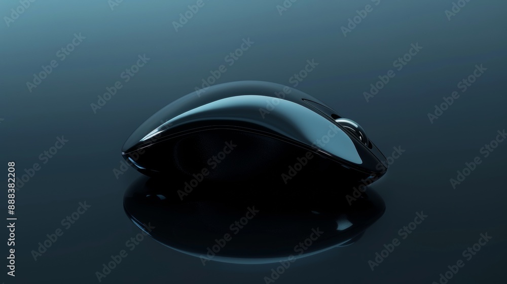 A black computer mouse is sitting on a dark surface A black computer mouse is sitting on a dark surface