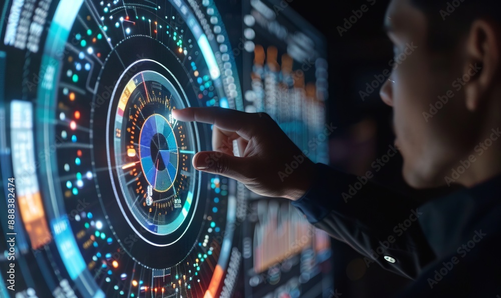 Financial analyst pointing at a pie chart on a digital screen Financial analyst pointing at a pie chart on a digital screen