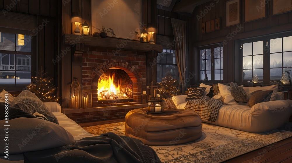Obraz premium cozy suburban farmhouse featuring a large fireplace in the living room, surrounded by plush seating and rustic decor, ideal for cold winter evenings