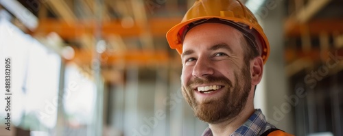 Smiling male architect in a white hard hat, standing outdoors. Free copy space. © Dalibor