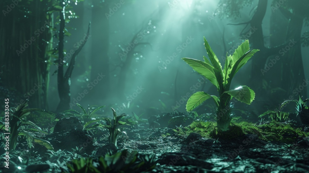 Obraz premium A forest scene with a small plant in the foreground