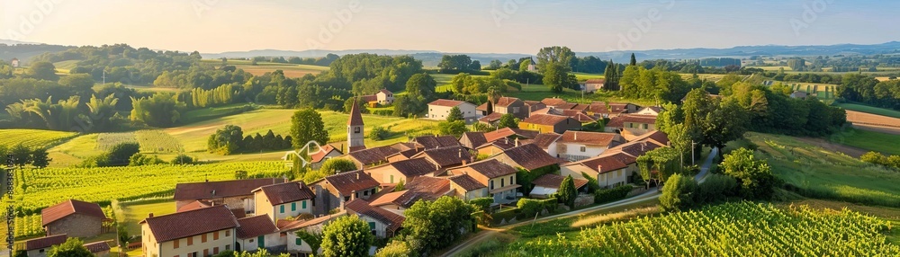 Aerial view of a picturesque village in a lush green countryside landscape, featuring red-roofed houses and sprawling fields.