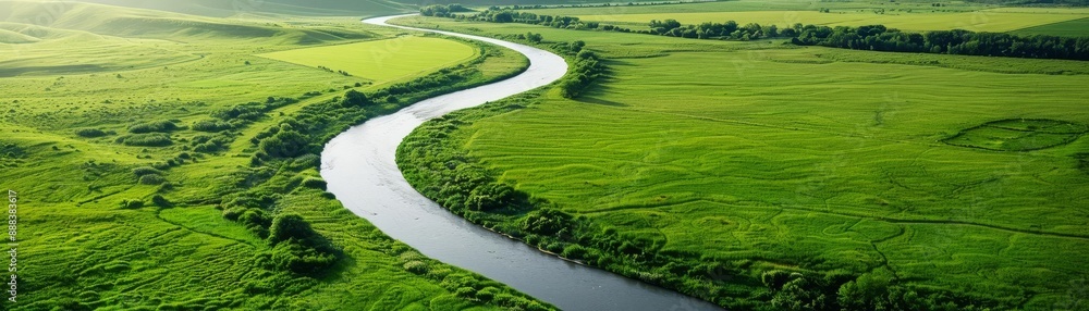 Obraz premium Aerial view of a winding river flowing through lush green fields during daytime, showcasing the beauty of nature in a peaceful landscape.