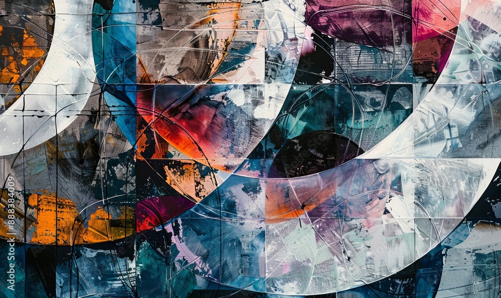 Obraz premium Geometric patterns in an acrylic painting, complex textures and dynamic composition