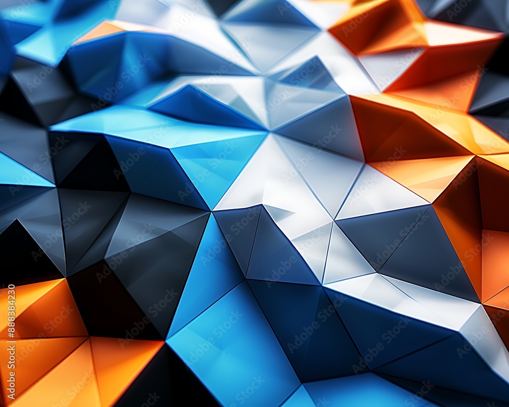 Abstract low poly background with blue, orange, and white shapes on a dark black backdrop. High-detail 3D design for presentations. Abstract low poly background with blue, orange, and white shapes on a dark black backdrop. High-detail 3D design for presentations.
