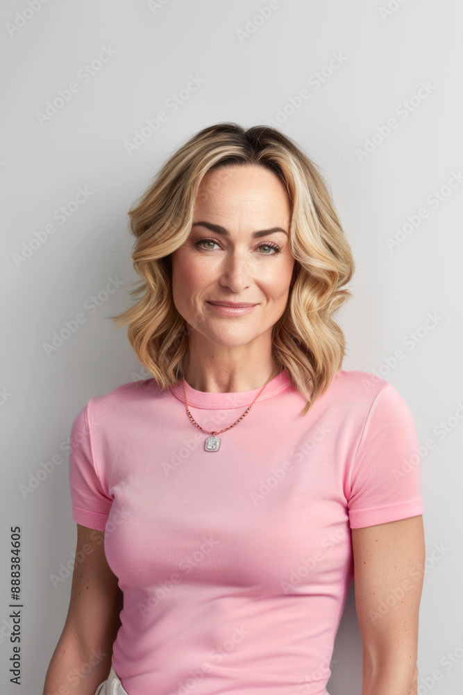 Blonde Woman in Pink Shirt Supporting Breast Cancer Awareness Blonde Woman in Pink Shirt Supporting Breast Cancer Awareness