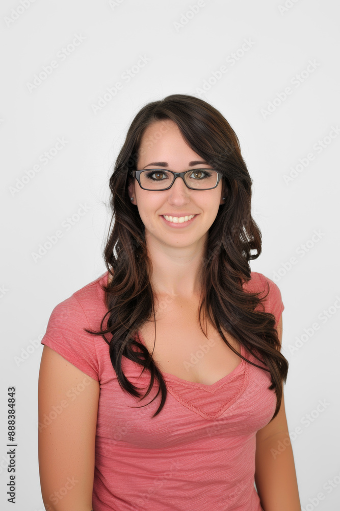 Smiling Woman with Glasses in Pink Shirt Supporting Breast Cancer Awareness Smiling Woman with Glasses in Pink Shirt Supporting Breast Cancer Awareness
