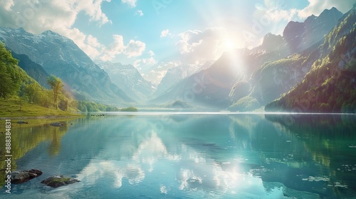 Fantastic sunny day is in mountain lake. Creative collage. Beauty world.