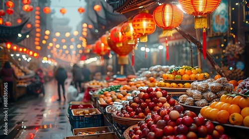 Chinese New Year street market filled with traditional decorations and foods