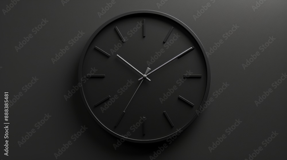 A black clock with a silver face sits on a wall A black clock with a silver face sits on a wall